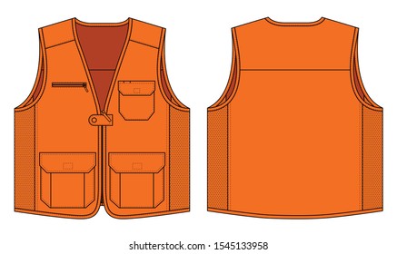 Orange Vest With Multi Pocket and Mesh at Side on White Background.Front and Back View, Vector File