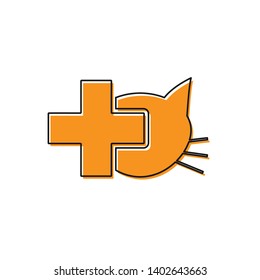 Orange Veterinary clinic symbol icon isolated on white background. Cross with cat veterinary care. Pet First Aid sign. Vector Illustration