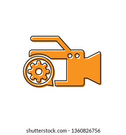 Orange Video camera and gear icon isolated on white background. Adjusting app, service concept, setting options, maintenance, repair, fixing. Vector Illustration