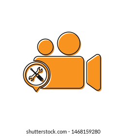 Orange Video camera with screwdriver and wrench icon isolated on white background. Adjusting, service, setting, maintenance, repair, fixing.  Vector Illustration