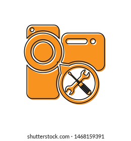 Orange Video camera with screwdriver and wrench icon isolated on white background. Adjusting, service, setting, maintenance, repair, fixing.  Vector Illustration