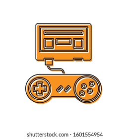 Orange Video game console with joystick icon isolated on white background.  Vector Illustration