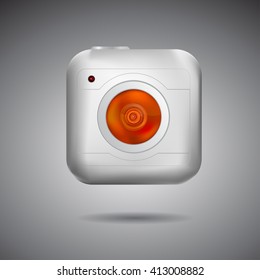 Orange video lens in whit square box icon. Vector image
