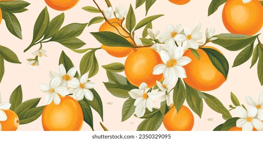 Orange Vintage background, pattern. Vector illustrations of oranges with flowers, leaves for poster, card or textile. Modern seamless pattern. Fashionable template for design or wedding invitations