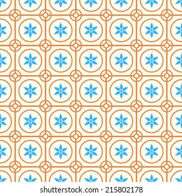 Orange Vintage blossom and circle and hexagon and rectangle seamless pattern on pastel background. Retro and classic symmetry style for old or modern design.