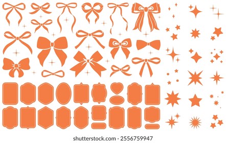 Orange vintage bow set. Bows for decor. Trendy girls accessories. Cute hairstyle elements. Sparkles icons, star shape. Party decoration, gift. Glitter sparkle. Stickers, frames, promo, price, sale