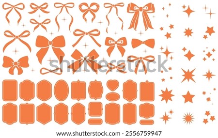 Orange vintage bow set. Bows for decor. Trendy girls accessories. Cute hairstyle elements. Sparkles icons, star shape. Party decoration, gift. Glitter sparkle. Stickers, frames, promo, price, sale