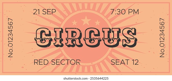 Bilhete de circo laranja vintage para o assento número doze em 21 de setembro às 19h30, com charme retrô e design nostálgico, perfeito para projetos de entretenimento