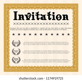 Orange Vintage invitation. With complex linear background. Detailed. Good design. 