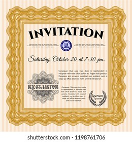 Orange Vintage invitation. With complex linear background. Beauty design. Detailed. 