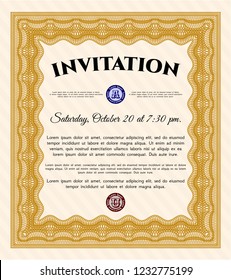 Orange Vintage invitation. With complex linear background. Artistry design. Detailed. 
