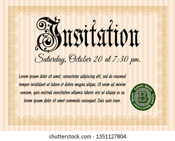 Orange Vintage invitation. With complex linear background. Vector illustration. Perfect design. 