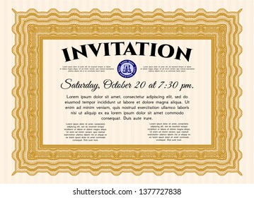 Orange Vintage invitation. With complex linear background. Vector illustration. Modern design. 