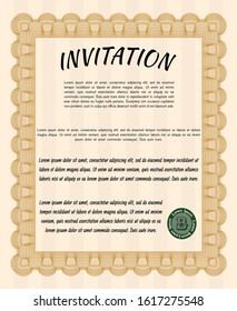 Orange Vintage invitation. With complex linear background. Modern design. Detailed. 