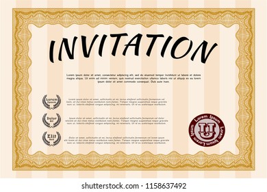 Orange Vintage invitation. Customizable, Easy to edit and change colors. With complex linear background. Elegant design. 