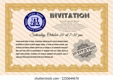 Orange Vintage invitation. Customizable, Easy to edit and change colors. With guilloche pattern. Nice design. 