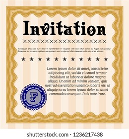 Orange Vintage invitation. With great quality guilloche pattern. Vector illustration. Retro design. 