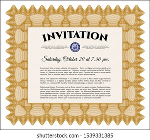 Orange Vintage invitation. With linear background. Money style design. Vector illustration. 