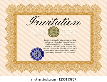 Orange Vintage invitation template. Artistry design. With guilloche pattern. Detailed. 