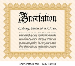 Orange Vintage invitation template. Beauty design. Vector illustration. With great quality guilloche pattern. 