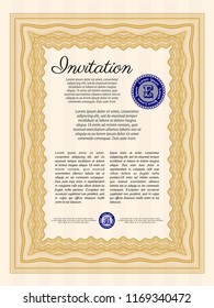 Orange Vintage invitation template. With complex linear background. Detailed. Money Pattern. 