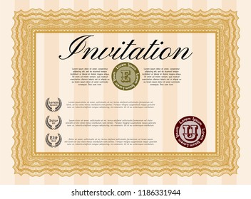 Orange Vintage invitation template. With complex linear background. Detailed. Cordial design. 