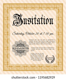 Orange Vintage invitation template. With complex linear background. Detailed. Retro design. 