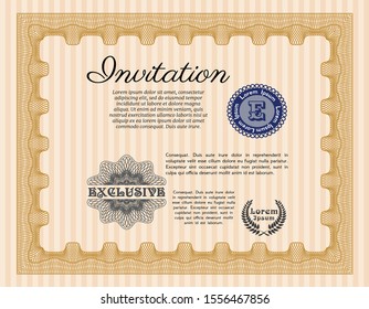 Orange Vintage invitation template. With complex linear background. Vector illustration. Lovely design. 
