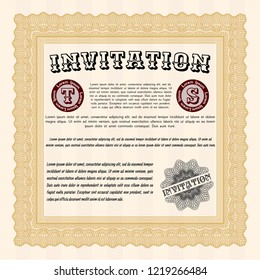 Orange Vintage invitation template. Detailed. With complex linear background. Superior design. 