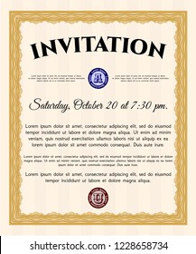 Orange Vintage invitation template. Detailed. With guilloche pattern and background. Cordial design. 