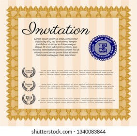 Orange Vintage invitation template. Detailed. With complex background. Money style design. 