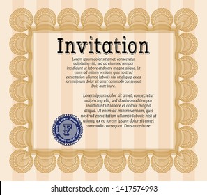 Orange Vintage invitation template. With guilloche pattern and background. Detailed. Money style design. 