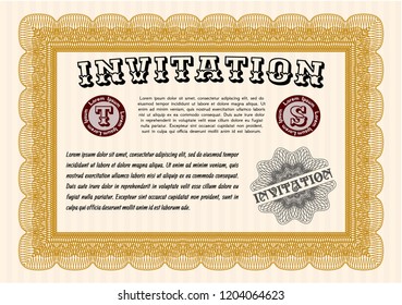 Orange Vintage invitation template. With linear background. Sophisticated design. Detailed. 