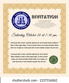Orange Vintage invitation template. With linear background. Lovely design. Vector illustration. 