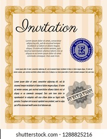 Orange Vintage invitation template. With linear background. Money Pattern. Vector illustration. 