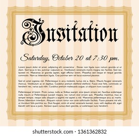 Orange Vintage invitation template. With linear background. Detailed. Excellent design. 