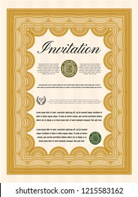 Orange Vintage invitation template. Lovely design. With great quality guilloche pattern. Detailed. 