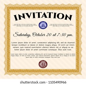 Orange Vintage invitation template. Money Pattern design. Detailed. With complex linear background. 