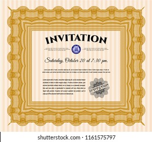 Orange Vintage invitation template. Money style design. With great quality guilloche pattern. Detailed. 