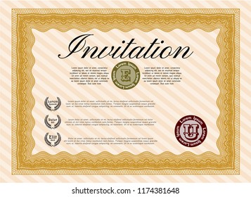 Orange Vintage invitation template. Money design. Detailed. Printer friendly. 
