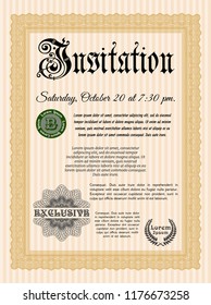 Orange Vintage invitation template. Money style design. With guilloche pattern and background. Customizable, Easy to edit and change colors. 