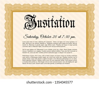 Orange Vintage invitation template. Money style design. Customizable, Easy to edit and change colors. With guilloche pattern. 