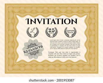 Orange Vintage invitation template. Money style design. With guilloche pattern. Detailed. 