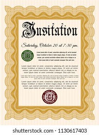 Orange Vintage invitation template. Perfect design. With great quality guilloche pattern. Detailed. 