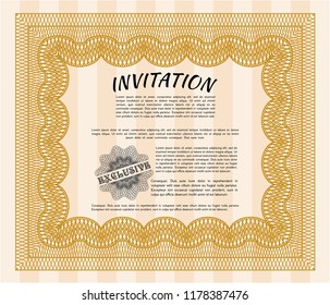 Orange Vintage invitation template. Printer friendly. Detailed. Money Pattern design. 