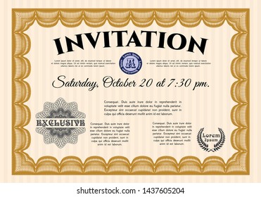 Orange Vintage invitation template. Printer friendly. Customizable, Easy to edit and change colors. Artistry design. 