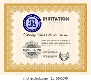 Orange Vintage invitation template. Superior design. With complex linear background. Detailed. 