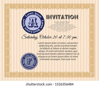 Orange Vintage invitation template. Vector illustration. With guilloche pattern and background. Lovely design. 