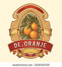 Orange Vintage Label with ornamental frame in hand drawing style, De Oranje mean Orange, this design can be used for logo, label and other merchandise