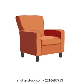Orange vintage mid century modern arm chair vector realistic illustration isolated on white background. Retro 70s, 80s trendy interior design element.